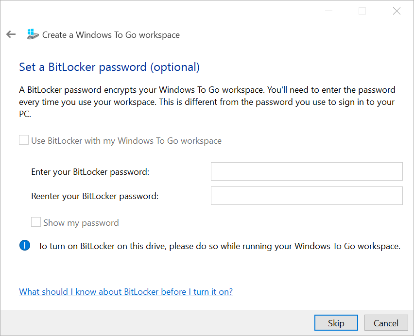 Create a Windows To Go Workspace Choose Bitlocker